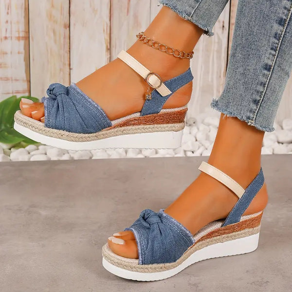 Bega | Women's Denim Bow Ankle Strap Wedge Sandals