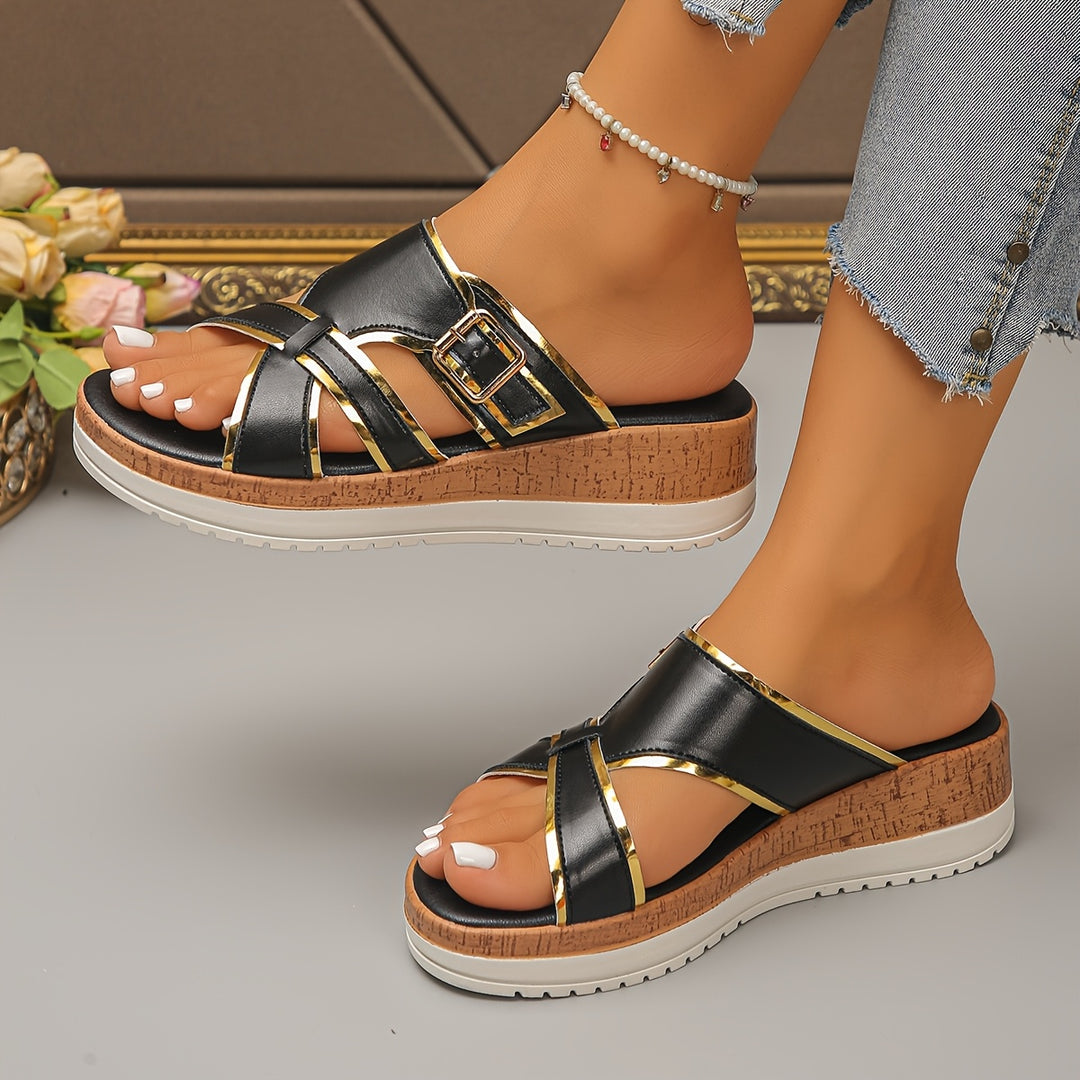 Arcadia™ Women's Golden Trim Crisscross Wedge Slides