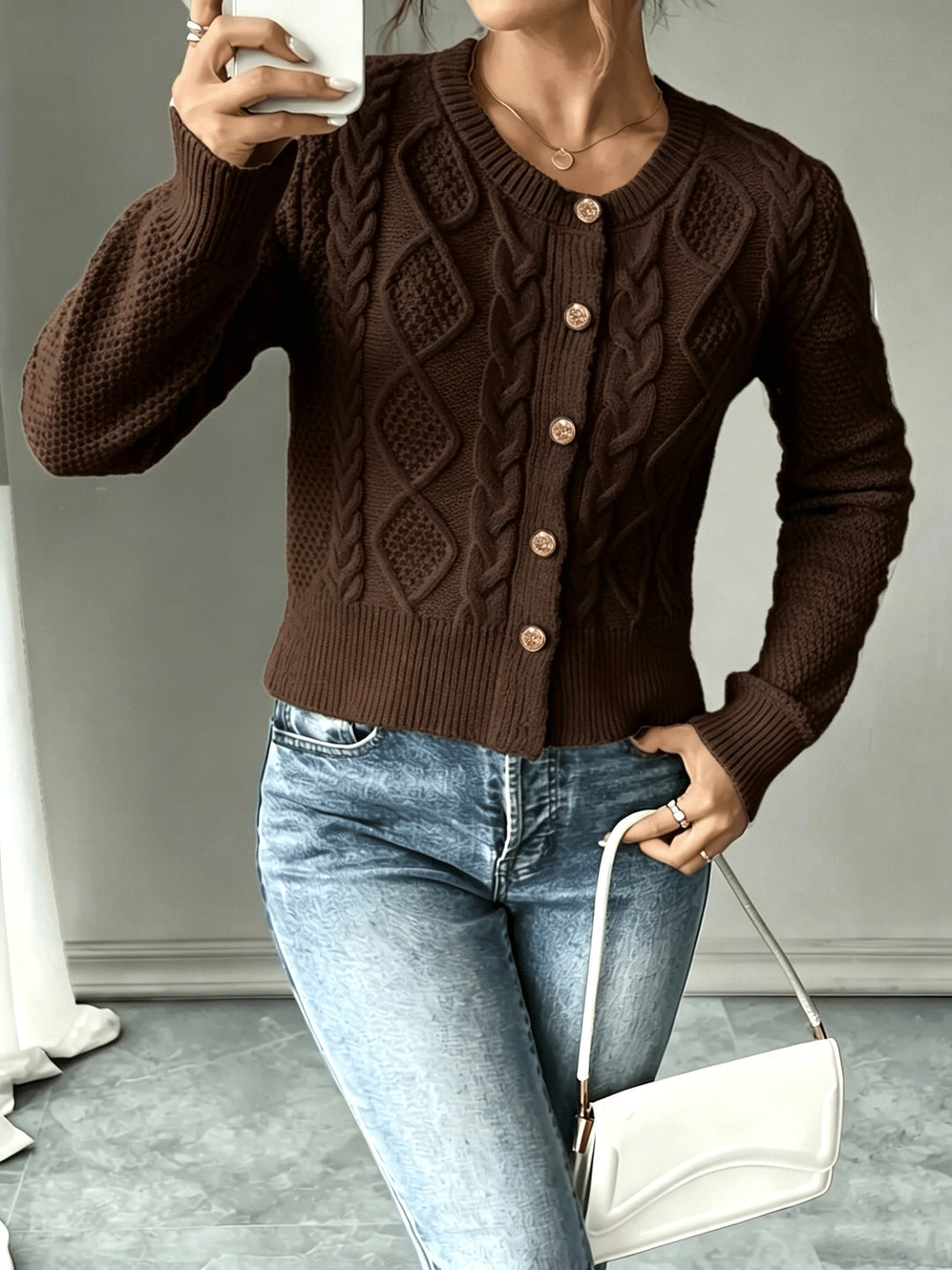 Eleanora | Cable-Knit Button-Front Cardigan
