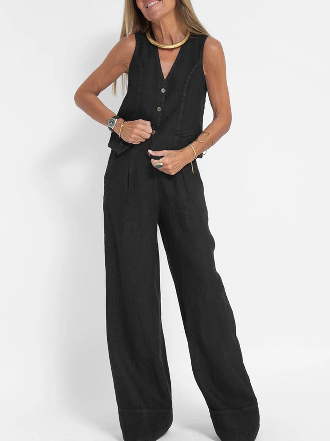 Lauren | Sleeveless V-Neck Vest &amp; Wide-Leg Pants Set