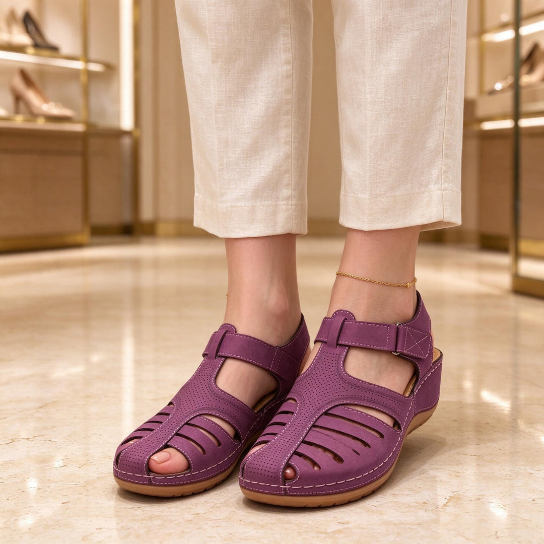 Geraldine Cushioned Comfort Sandals Purple worn