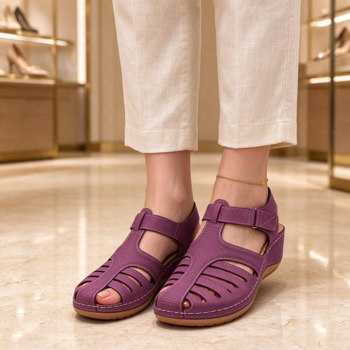 Geraldine Cushioned Comfort Sandals Purple worn