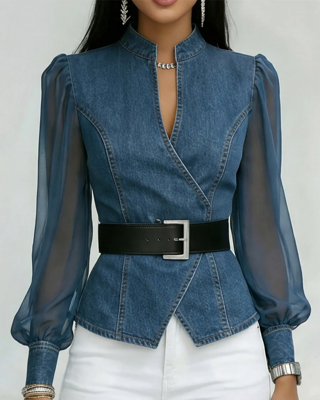 Lucille | Belted Sheer-Sleeve Peplum Top