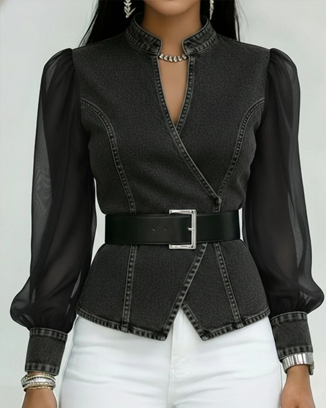 Lucille | Belted Sheer-Sleeve Peplum Top