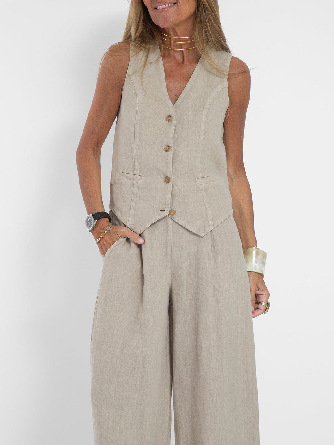 Lauren | Sleeveless V-Neck Vest &amp; Wide-Leg Pants Set