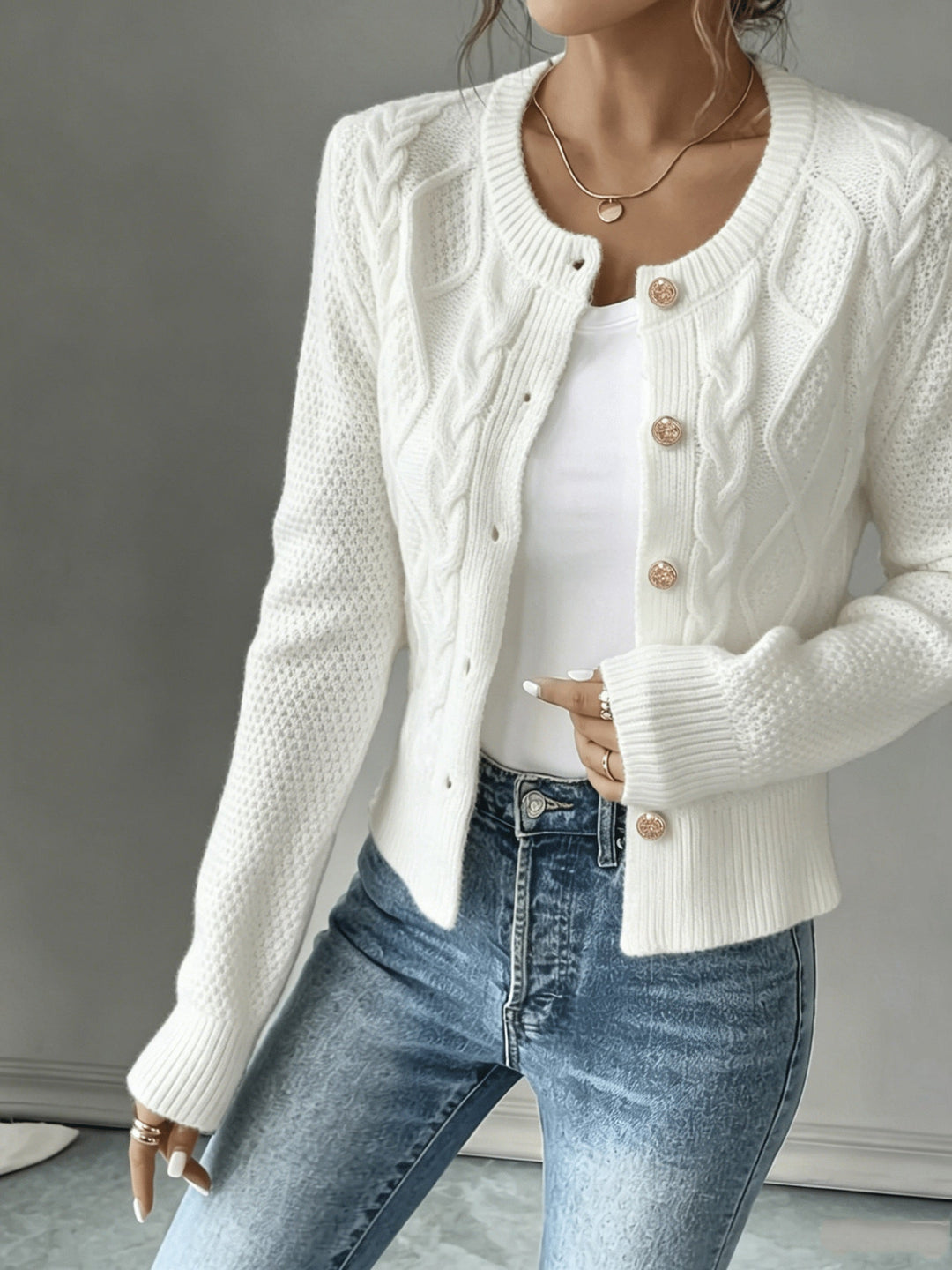 Eleanora | Cable-Knit Button-Front Cardigan