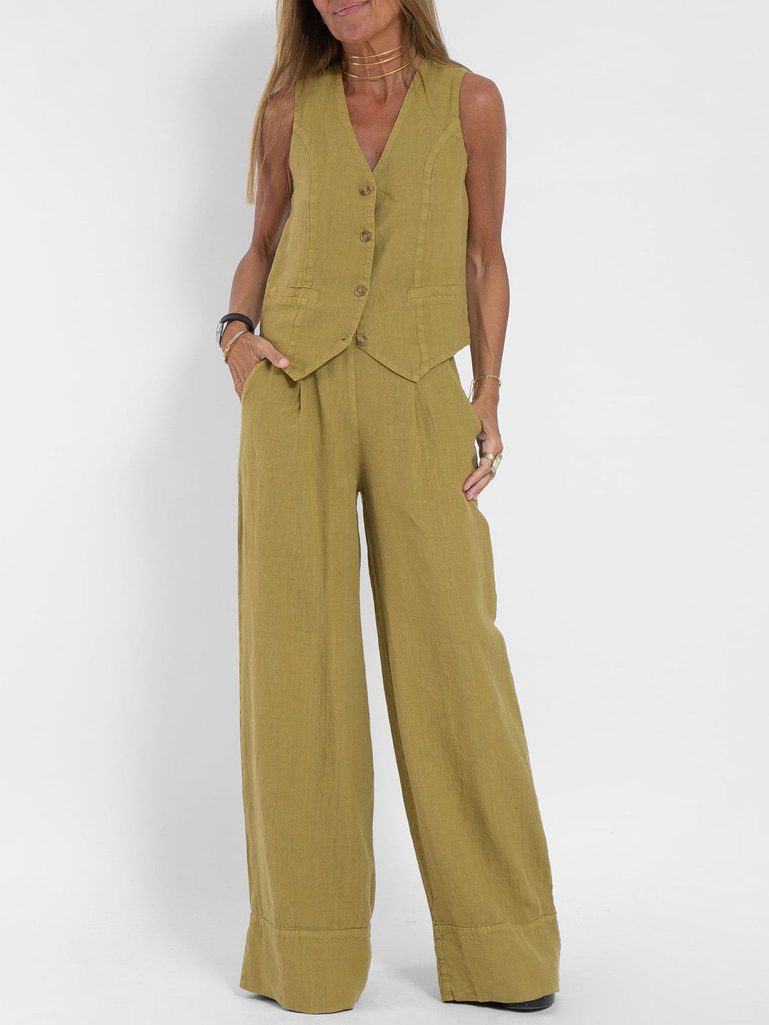 Lauren | Sleeveless V-Neck Vest &amp; Wide-Leg Pants Set