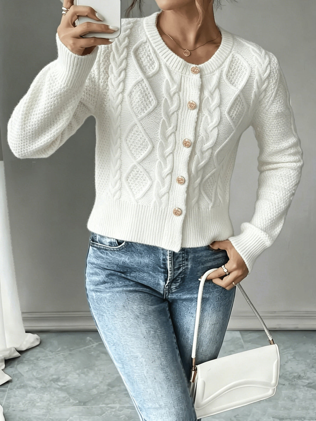 Eleanora | Cable-Knit Button-Front Cardigan