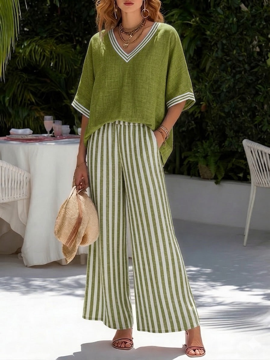 Beverly | Stylish V-Neck and Stripe Pants Set
