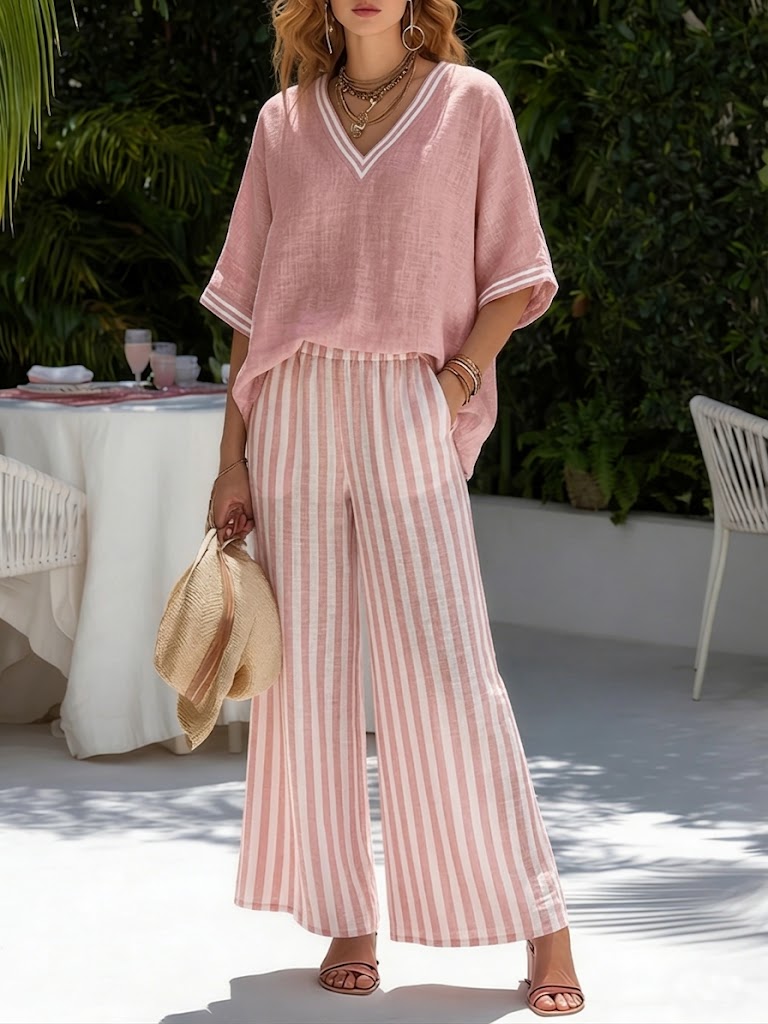 Beverly | Stylish V-Neck and Stripe Pants Set