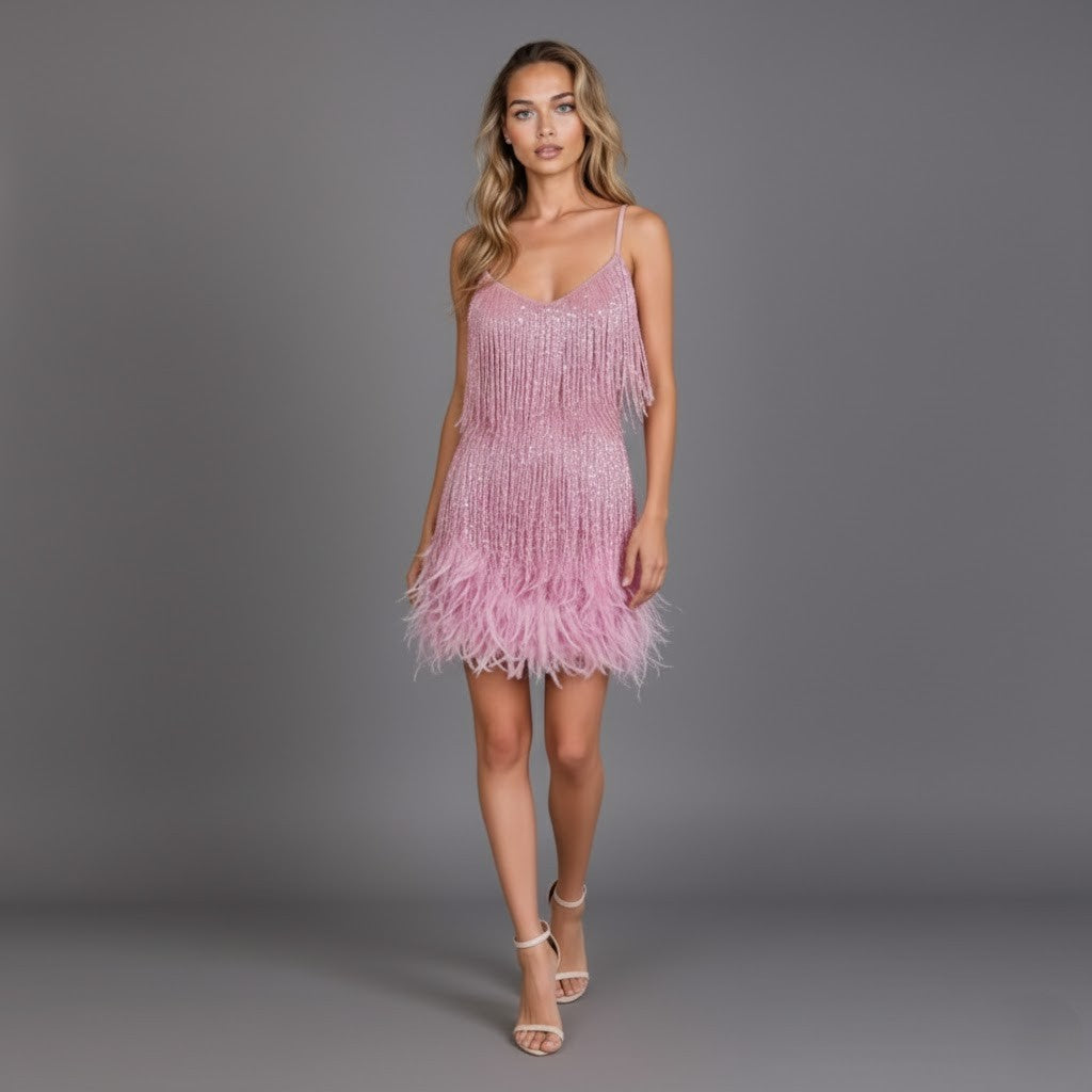 Eloise | Fringed Feather-Hem Party Dress